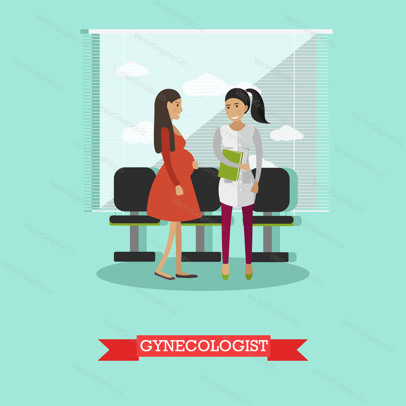 Vector illustration of doctor gynecologist female consulting her pregnant patient. Gynecology consultation flat style design element.