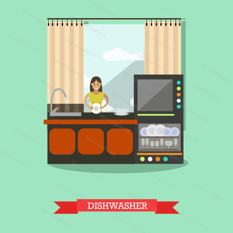 Векторная иллюстрация молодой улыбающейся женщины, моющей посуду вручную и использующей посудомоечную машину. Элементы дизайна в плоском стиле для домохозяйки и бытовой техники.