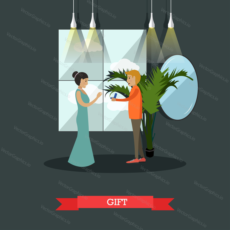 Vector illustration of happy loving couple. Young man giving a gift in jewelry box to his girlfriend. Flat style design.