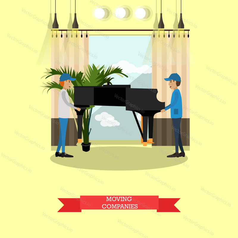 Векторная иллюстрация грузчиков, несущих пианино. Концепция услуг компании по переезду элемент дизайна в плоском стиле.