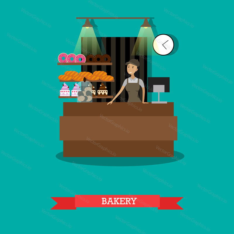 Vector illustration of saleswoman standing at counter. Bakery store concept design element in flat style.