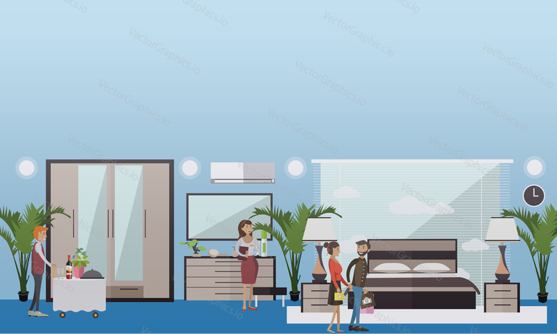 Hotel suite vector illustration. Luxury bedroom, deluxe hotel room interior. Hotel waiter, manager and guests young couple. Flat style design.