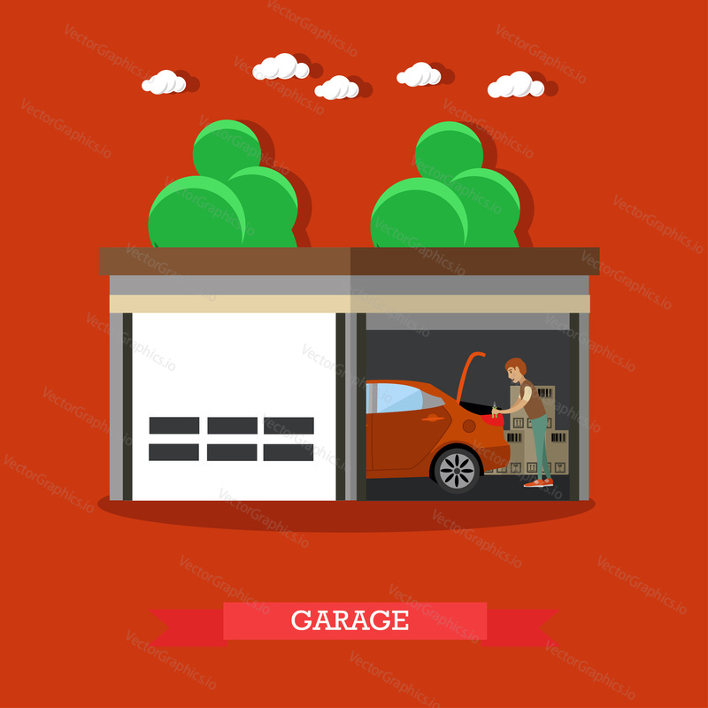 Vector illustration of man repairing car or carrying out car check in garage. Home garage flat style design element.
