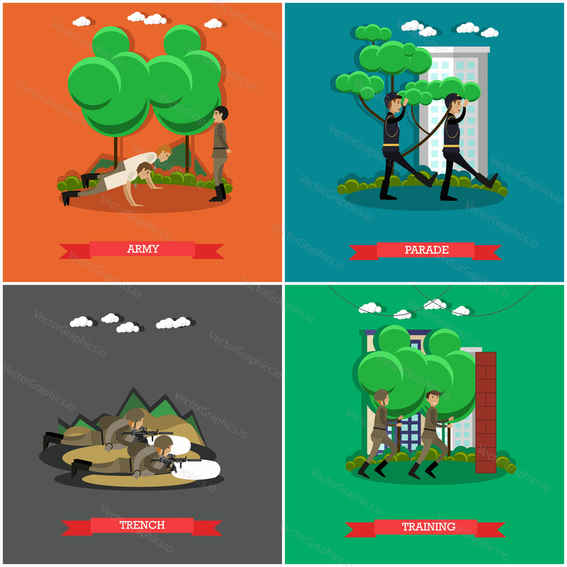 Vector set of military square posters. Army, Parade, Trench and Training flat style design elements.