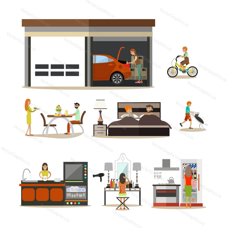 Vector icons set of modern house and garage with family characters and pets isolated on white background. Flat style design elements.