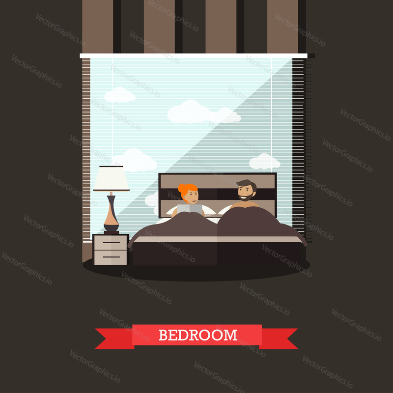 Vector illustration of young couple taking rest in bed. Domestic bedroom interior. Flat style design.