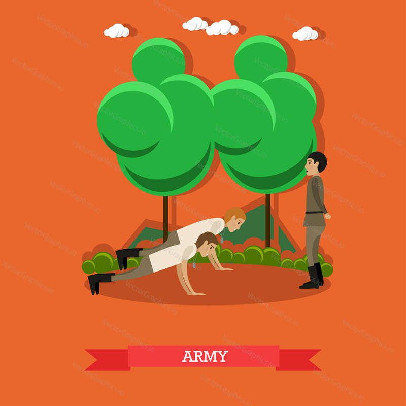 Vector illustration of two soldiers doing push-ups. Army concept design element in flat style.