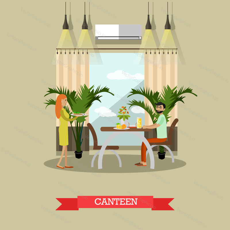Vector illustration of family couple having lunch or dinner. Dining Room interior. Canteen flat style design element.