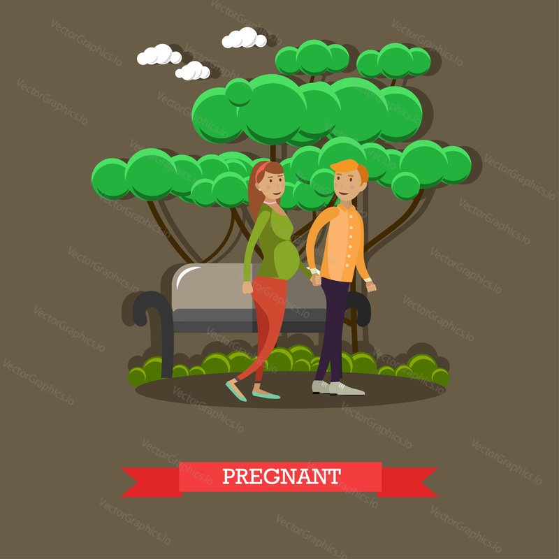 Vector illustration of happy family husband and his pregnant wife walking in the park holding hands. Pregnant woman future young mother flat style design element.