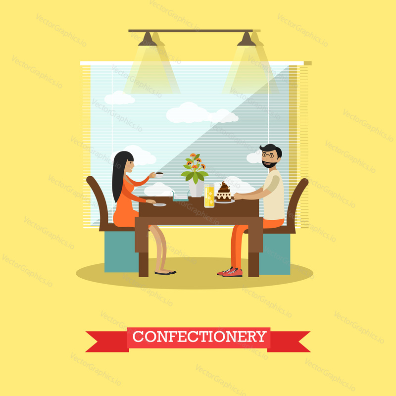 Vector illustration of couple sitting at table and enjoying sweet pastry with coffee and lemonade. Confectionery or patisserie flat style design element.