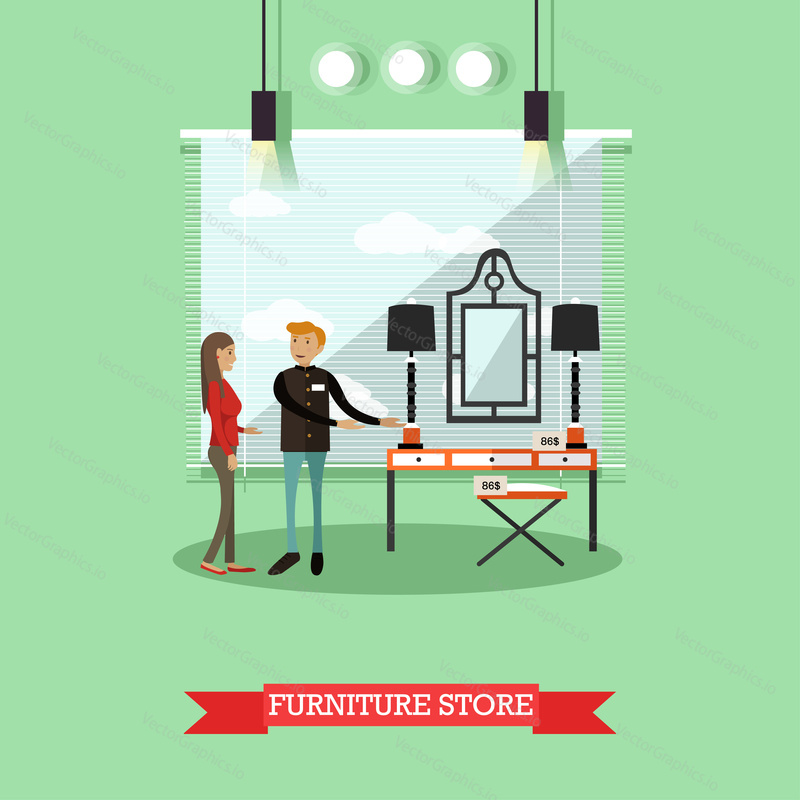 Vector illustration of salesman showing dressing table to buyer young woman. Furniture store concept design element in flat style.