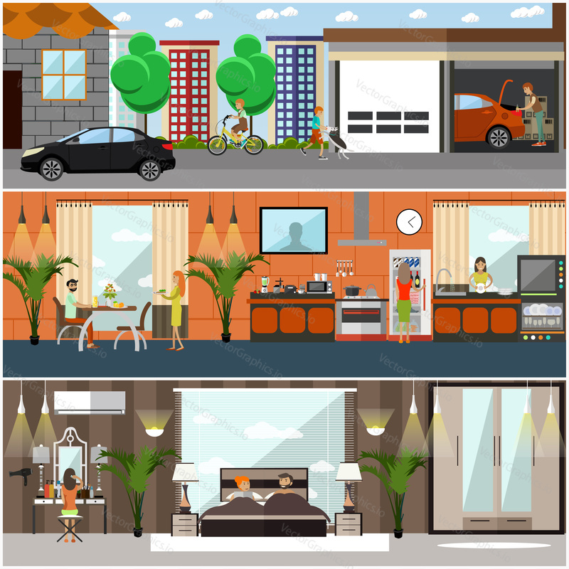 Vector set of house posters, banners. Family characters. Kitchen, bedroom interiors with furniture and household appliances. Home garage with car. Flat style design.