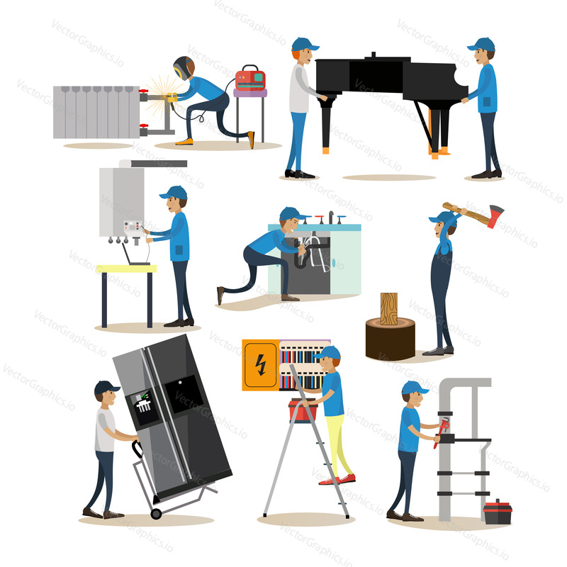 Vector icons set of workers profession people. Woodcutter, electrician, plumber, loader and gasman cartoon characters isolated on white background. Flat style design elements.