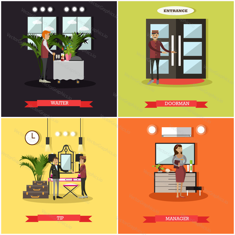 Vector set of hotel square posters. Waiter, Doorman, Tip and Manager flat style design elements.
