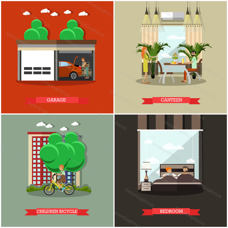 Vector set of house square posters. Garage, Canteen, Children bicycle and Bedroom flat style design elements.