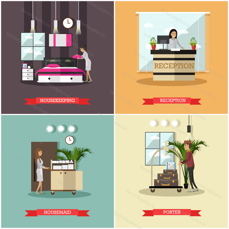 Vector set of hotel square posters. Housekeeping, Reception, Housemaid, Porter flat style design elements.