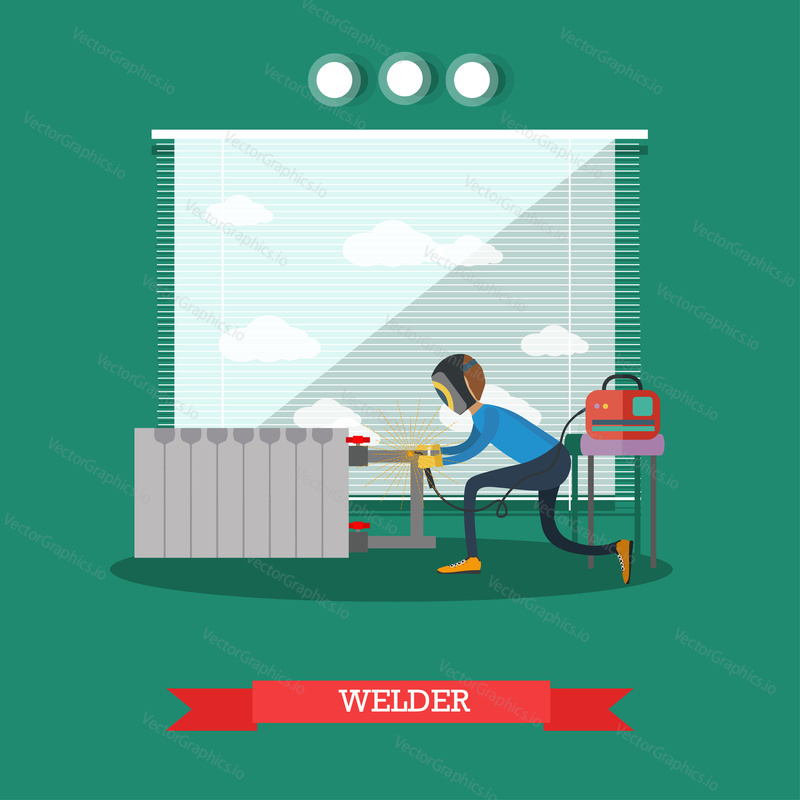 Vector illustration of worker assembling or repairing the heating system. Professional plumber welding copper pipes. Welder flat style design element.