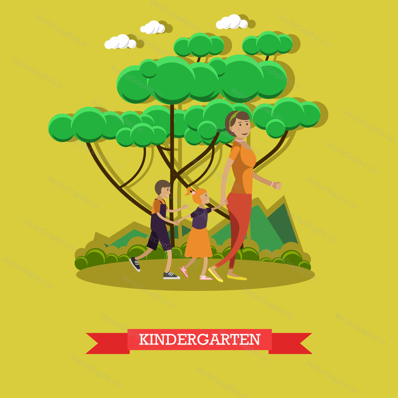 Векторная иллюстрация концепции детского сада. Дети девочка и мальчик идут в дошкольный детский сад со своей мамой. Плоский дизайн.