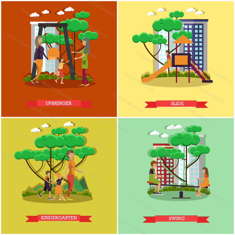 Vector set of kindergarten kids posters. Upbringer, Slide, Kindergarten and Swing flat style design elements.