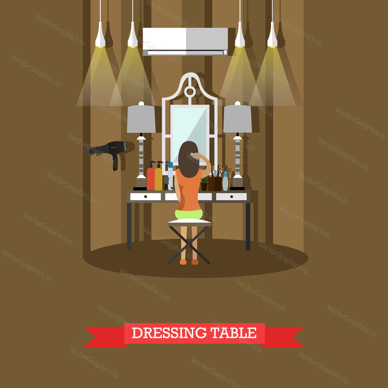Vector illustration of woman sitting on chair in front of dressing table and combing her hair. Flat style design.