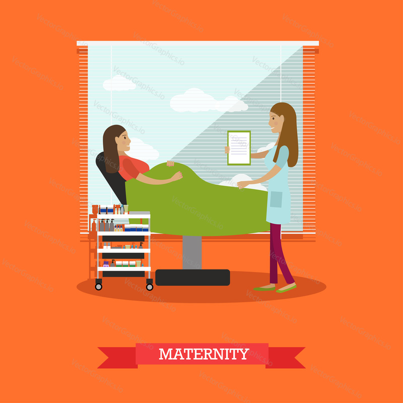 Vector illustration of doctor female consulting her pregnant patient lying in gynaecological examination chair. Maternity concept flat style design element.