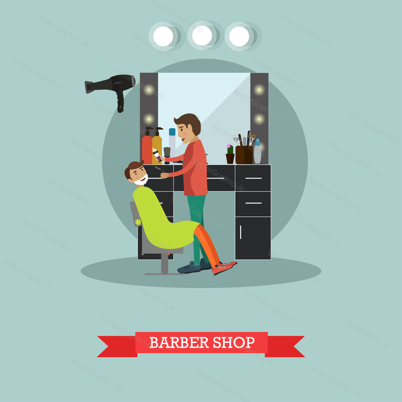 Vector illustration of barber shaving bearded man with straight razor. Barber shop flat style design element.