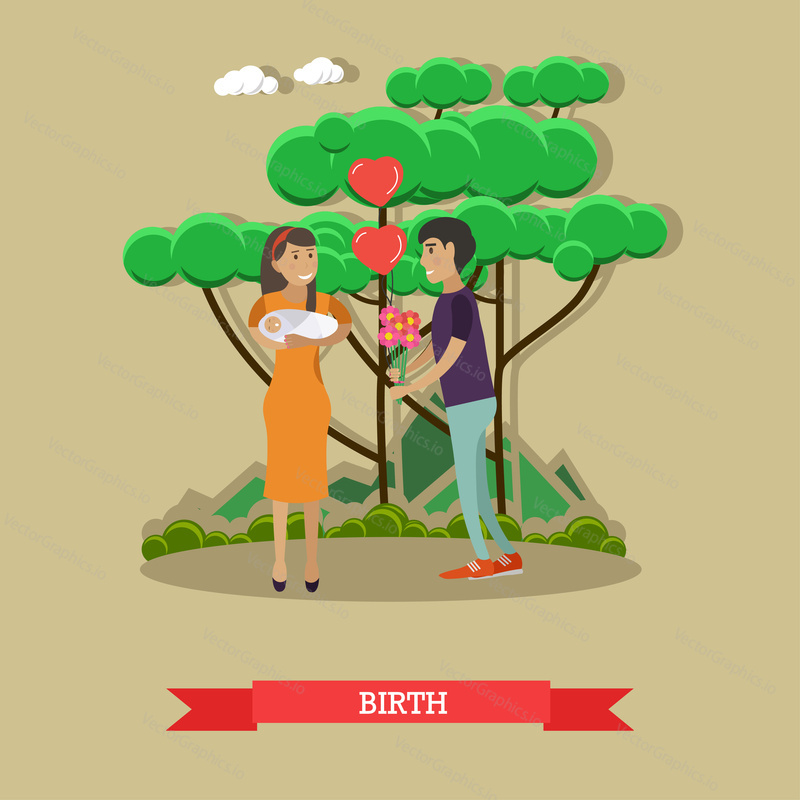 Vector illustration of happy father meeting with flowers his lovely wife holding newborn baby. Maternity hospital, baby birth flat style design element.