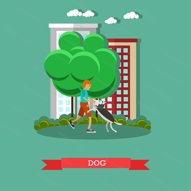 Vector illustration of boy playing with pet dog in the yard. Walking the dog flat style design element.