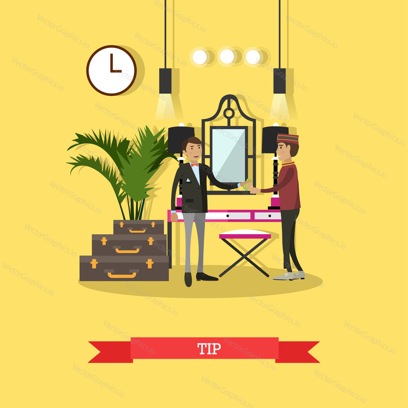 Vector illustration of customer male giving tip to hotel porter for carrying his luggage. Tip concept flat style design element.