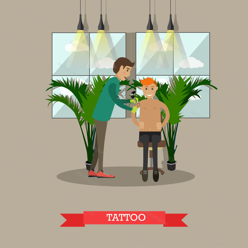 Vector illustration of professional tattoo artist making tattoo in tattoo studio. Flat style design.