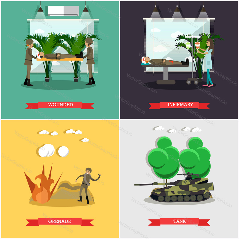 Vector set of military posters. Wounded, Infirmary, Grenade and Tank flat style design elements.