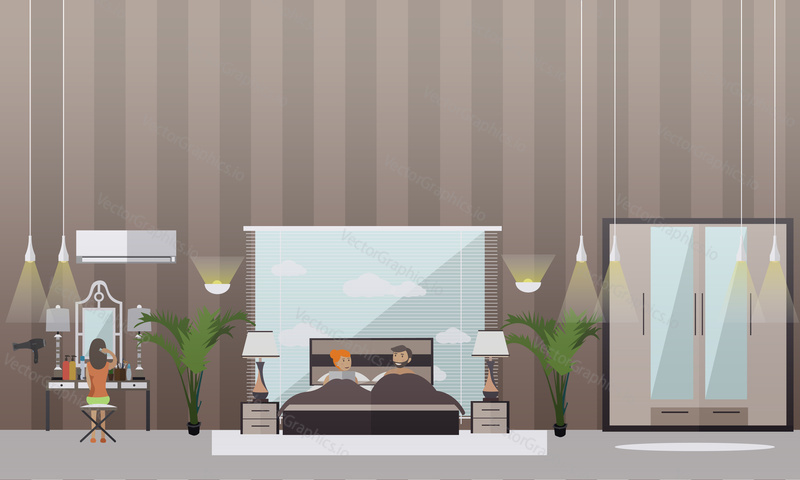 Vector set of bedroom flat style design elements. Family couple taking rest in bed, woman sitting on chair in front of dressing table and combing her hair. Home bedroom interior.