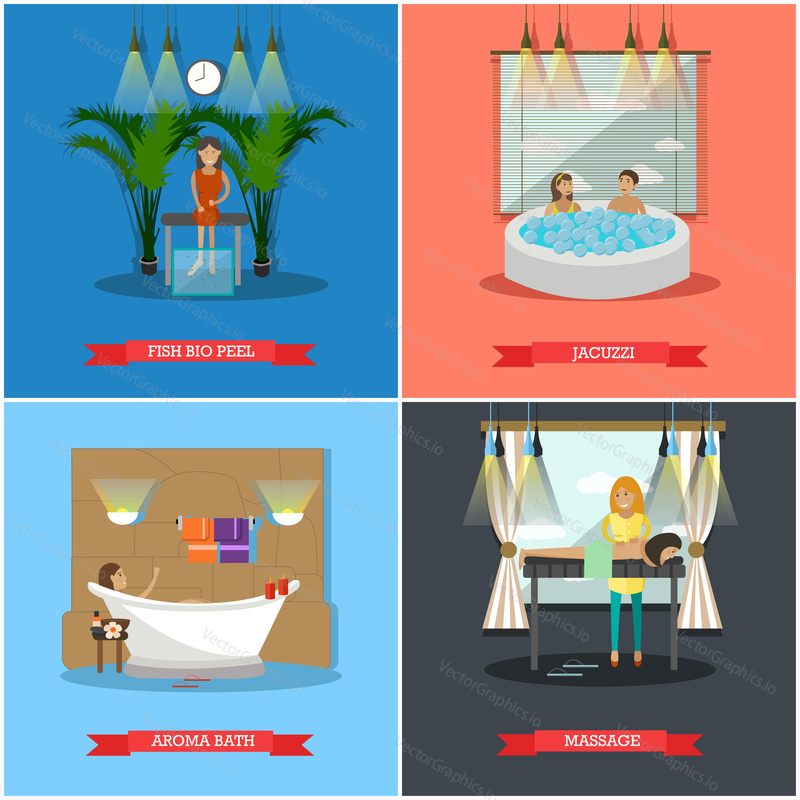 Векторный набор концептуальных плакатов спа-терапии, баннеров. Рыбный био-пилинг, джакузи, Ароматическая ванна и массажные элементы дизайна в плоском стиле.