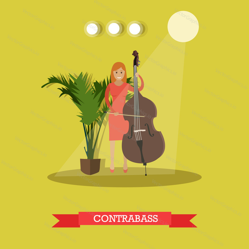 Vector illustration of musician female playing contrabass. Young woman playing double bass string musical instrument flat style design element.