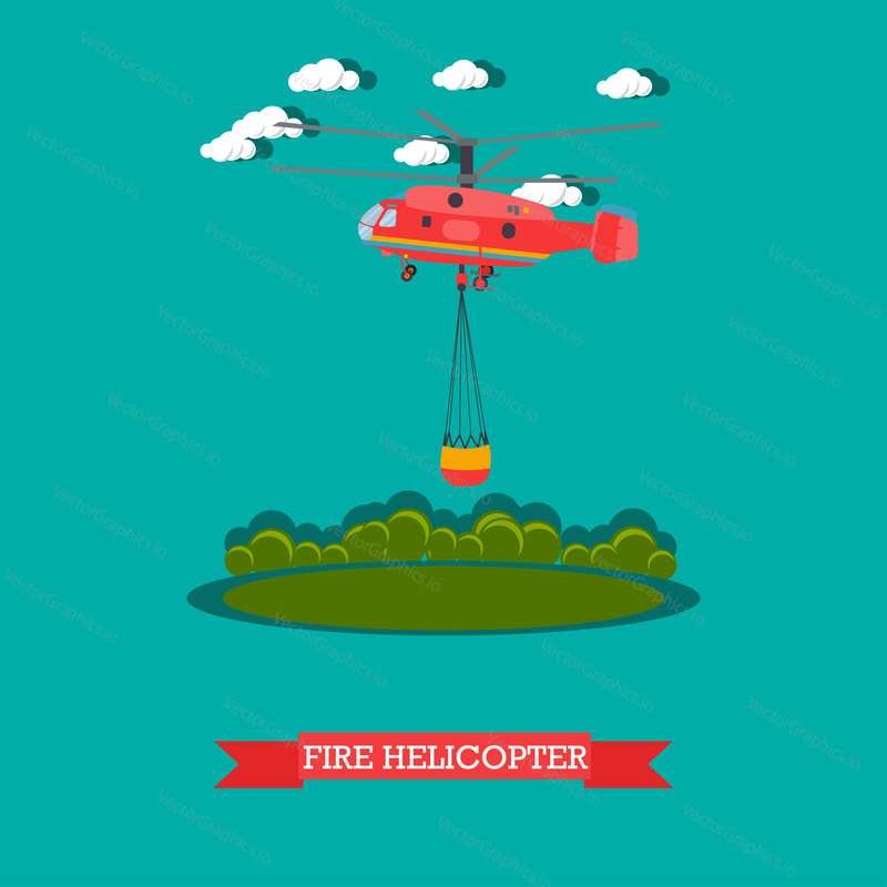 Vector illustration of red rescue firefighting aircraft in the air. Fire fighting helicopter design element in flat style.