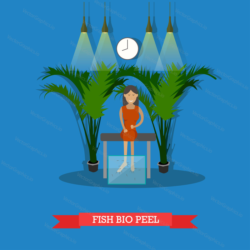 Vector illustration of young woman taking fish bio peel spa therapy. Pedicure with Garra rufa. Spa services concept design elements in flat style.