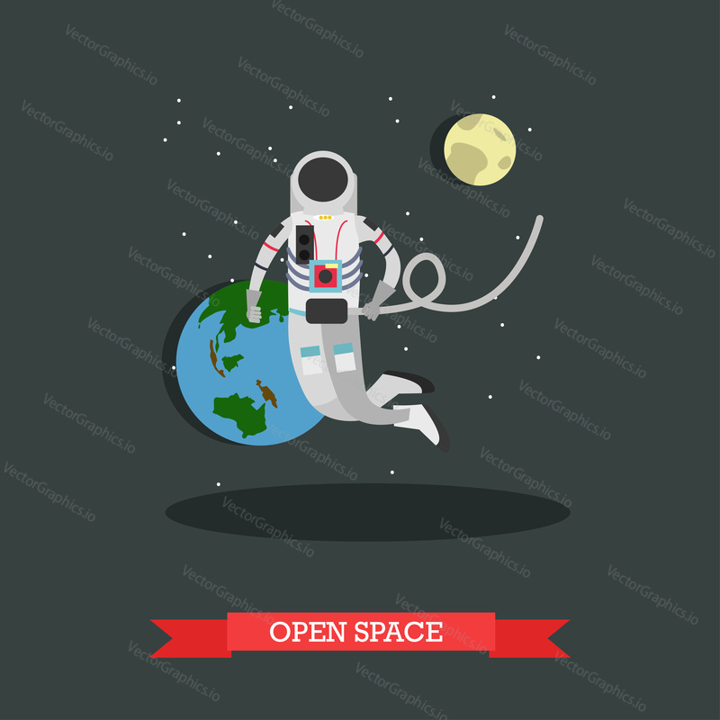 Vector illustration of astronaut in open space, planet Earth and the Moon. Space exploration concept design element in flat style.
