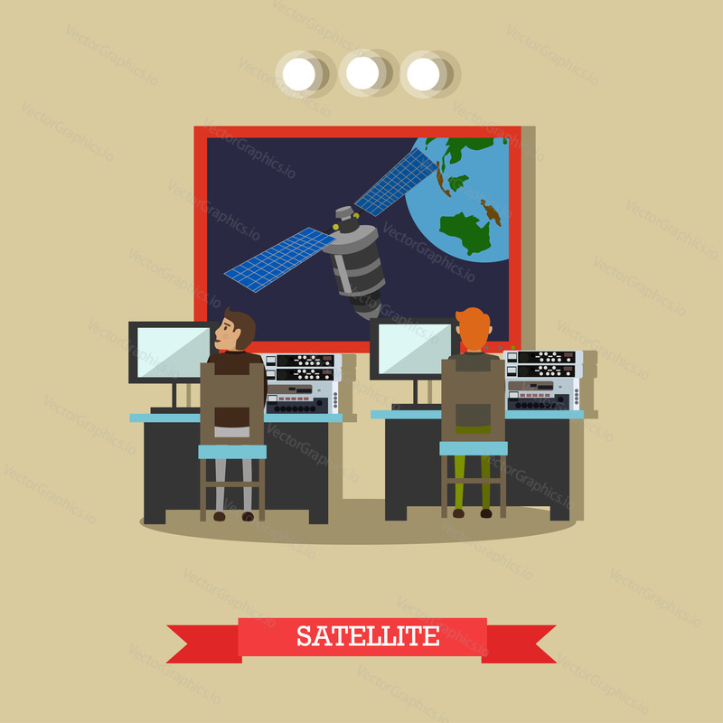 Vector illustration of artificial satellite revolving around the Earth, mission control center personnel monitoring all aspects of space exploration. Flat style design element.