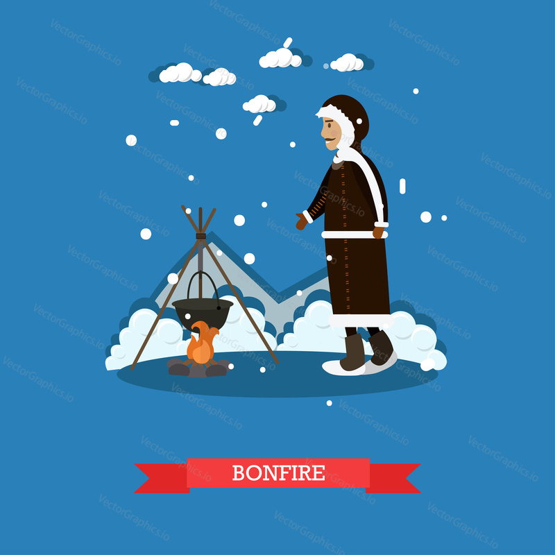 Bonfire concept vector illustration. Eskimo male cooking on the open fire flat style design element.