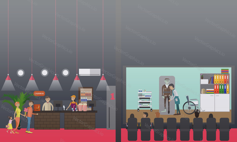 Vector illustration of episode from Frankenstein horror film based on gothic novel by Mary Shelley. Cinema cafe interior. Flat style design elements.