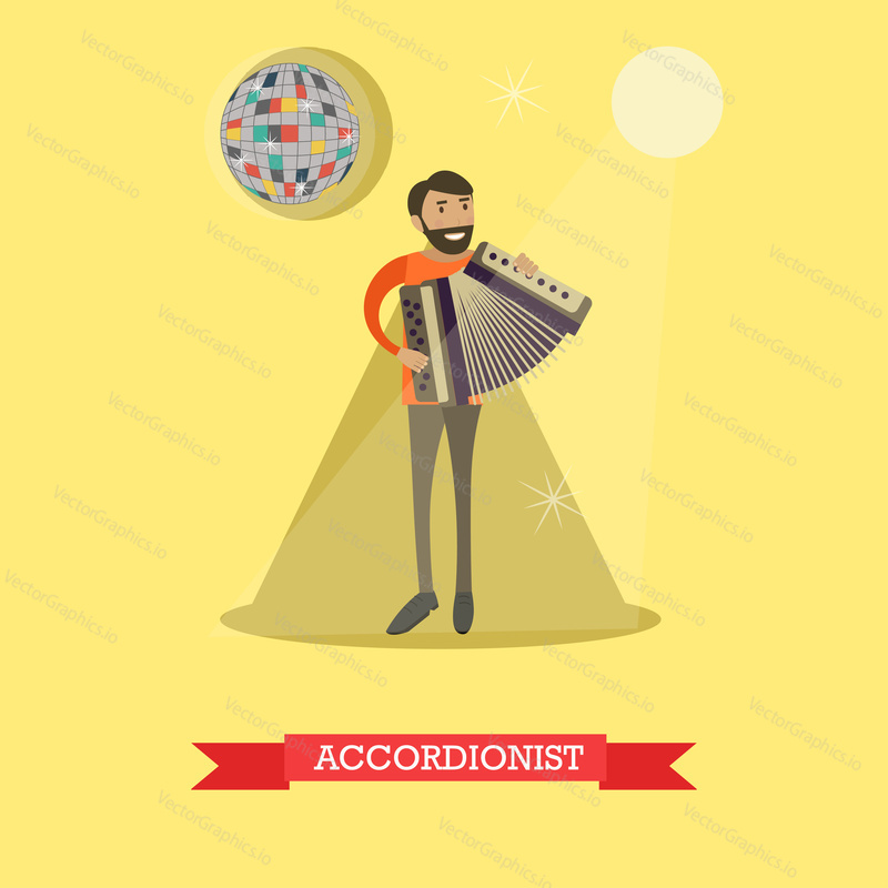 Vector flat illustration of musician male playing accordion. Accordionist flat style design element.