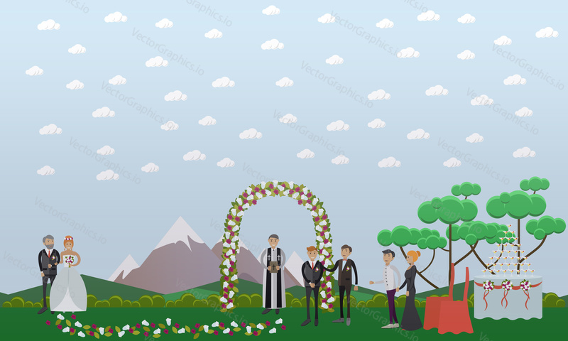 Vector illustration of bride and her father, groom and the best man, priest and guests. Wedding concept flat style design element.