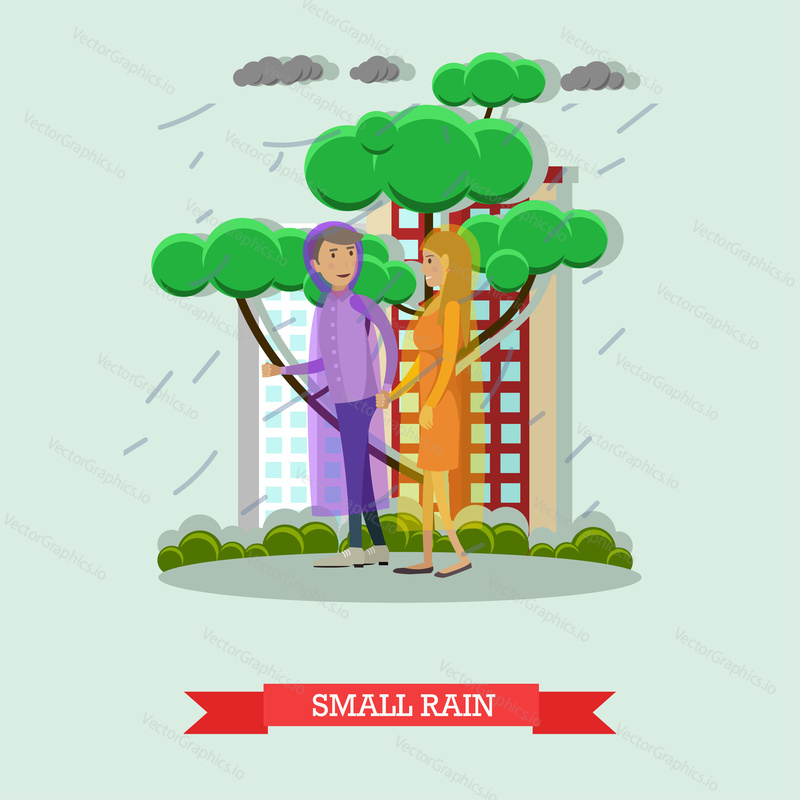 Векторная иллюстрация молодой пары, идущей под дождем в плащах. Дизайн в плоском стиле небольшого дождя.