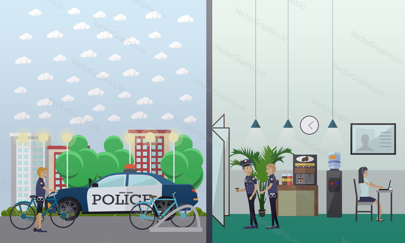 Vector illustration of police station interior and staff, parking lot and cycle stand. Flat style design.