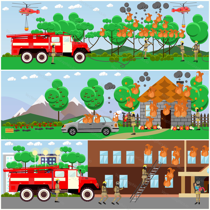 Vector set of fire posters, banners. Firefighters extinguishing fire in the forest, in city two-storied house and in cottage house. Flat style design elements.