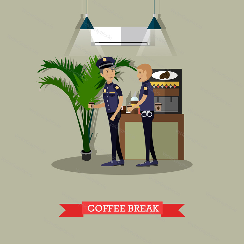 Vector illustration of policemen taking coffee break. Police station interior, coffee automatic machine. Flat style design.