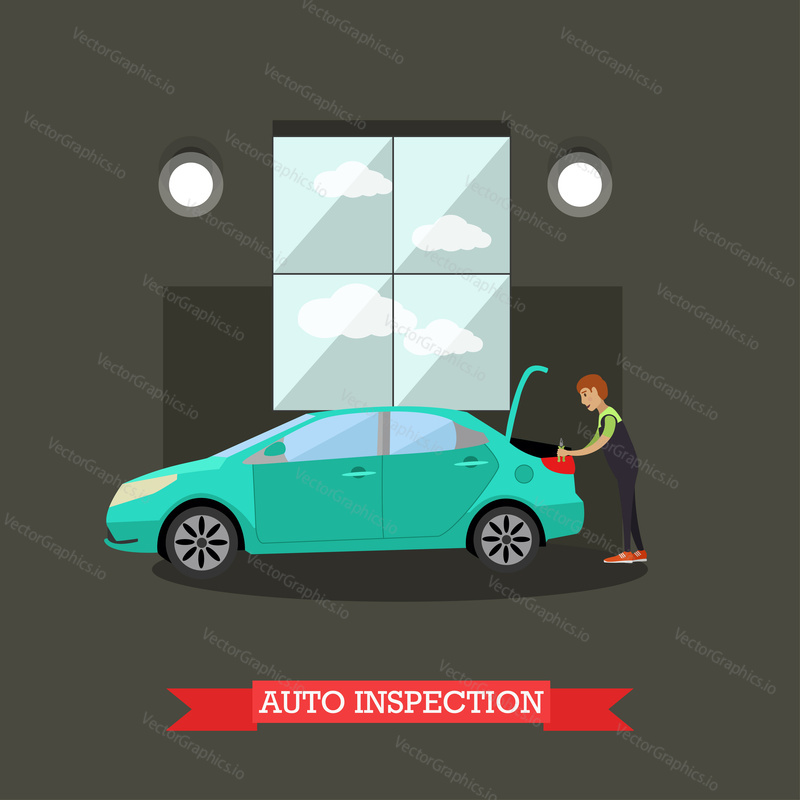 Auto inspection concept vector illustration. Mechanic young man carrying out car check. Auto service, auto repair shop flat style design.