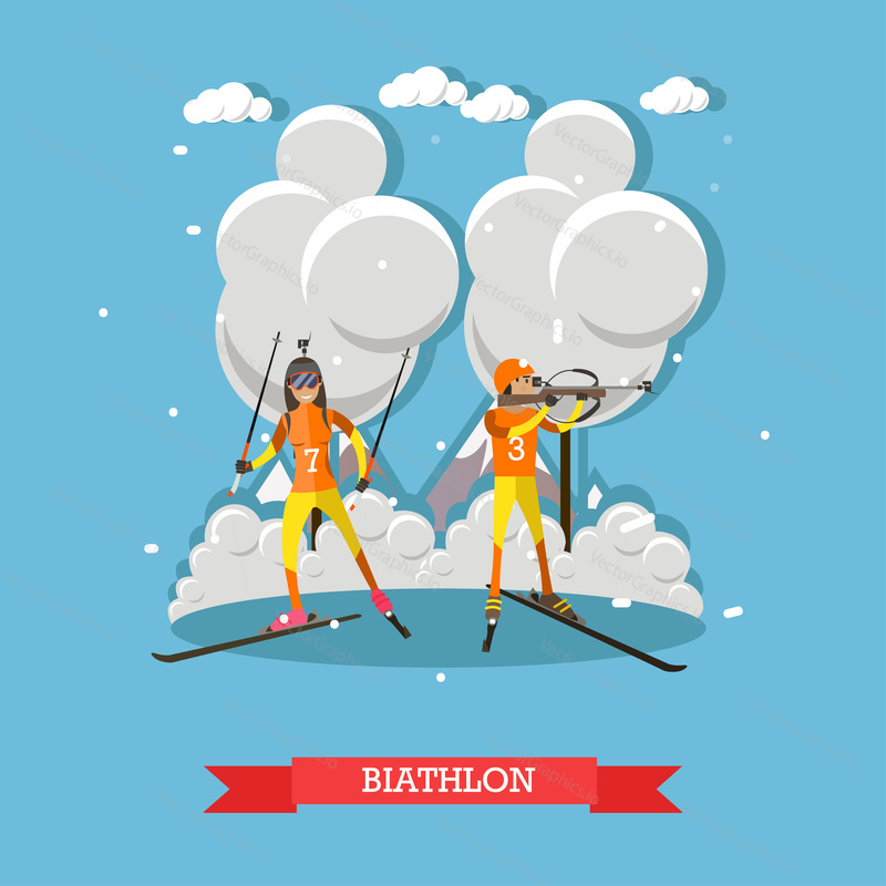 Biathlon concept vector illustration. Winter sports, cross-country skiing with target shooting, skiers male and female flat style design element.
