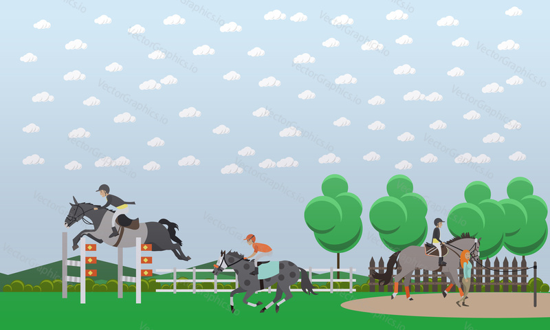 Vector illustration of show jumper horse and rider jumping over hurdle. Equestrian show jumping, competition design element in flat style.