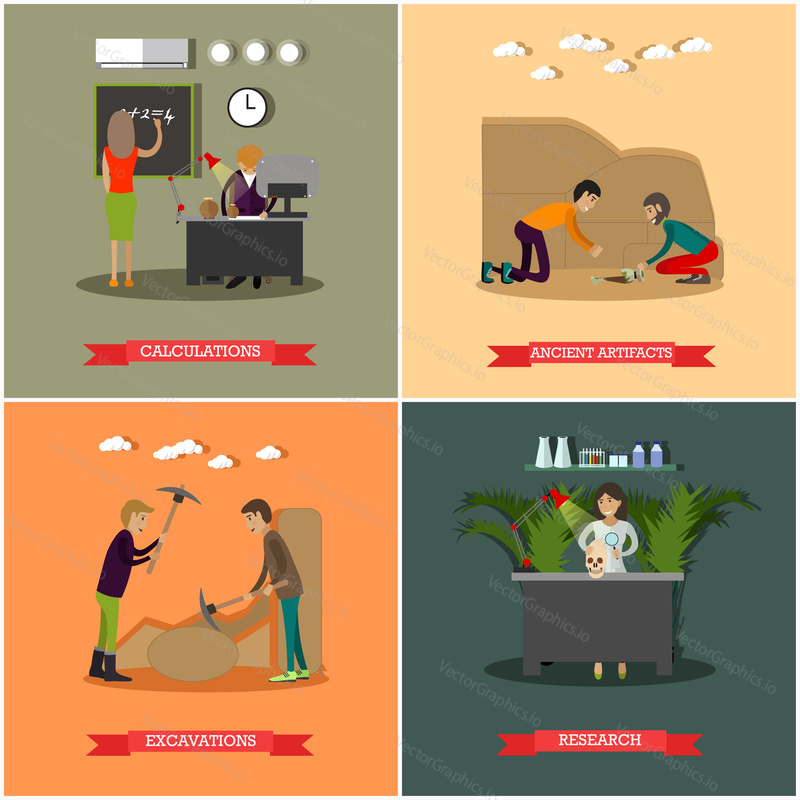Vector set of archaeological excavations concept posters. Calculations, Ancient artifacts, Excavations and Research design elements in flat style